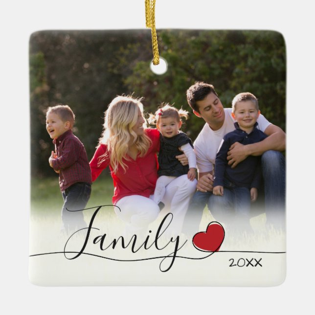 Family Calligraphy Heart Photo Christmas Ceramic Ornament (Front)