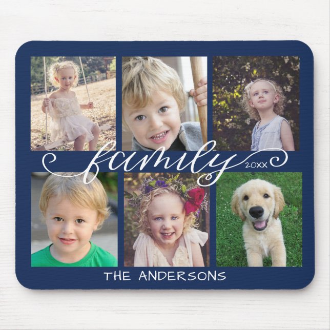 Family Calligraphy Navy Blue 6 Photo Collage Mouse Mat (Front)
