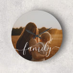 Family Calligraphy Photo Large Clock<br><div class="desc">Crafted with precision and care,  our personalised clock boasts a sleek and sophisticated design. The clock face is adorned with a beautifully handwritten script,  where the word “Family” takes centre stage. This handwritten script imparts a sense of personal touch and warmth,  emphasising the importance of family bonds.</div>