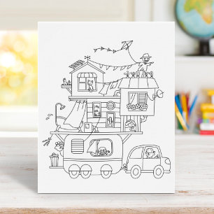 Family Camping Trailer Colouring Page Poster