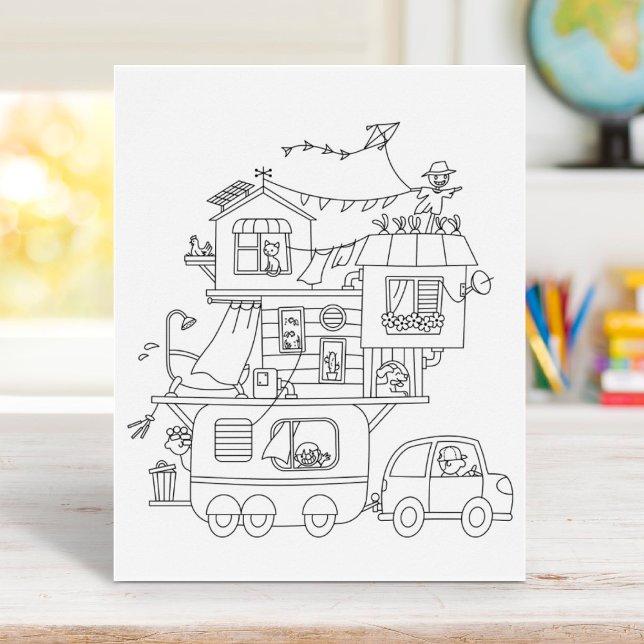 Family Camping Trailer Colouring Page Poster (Creator Uploaded)