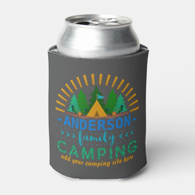 Family Camping Trip | Add Name and Campsite Grey Can Cooler (Can Front)
