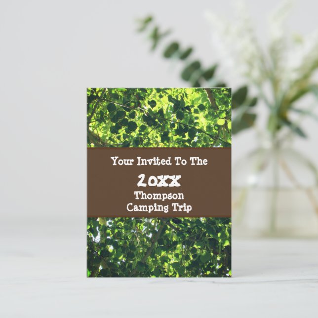 Family Camping Trip Green Leaf Reunion Invitation Postcard (Standing Front)