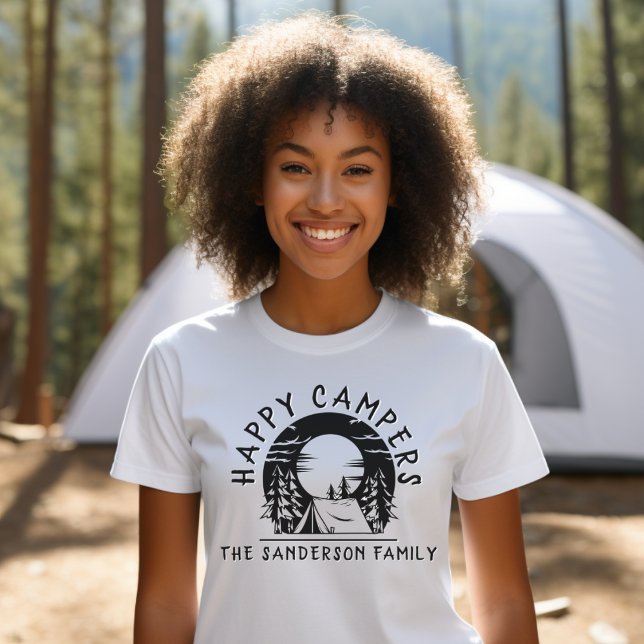 Family Camping Trip Happy Campers Black White Name T-Shirt (Get matching family name tshirts for the Happy Campers on your next camping or hiking trip!)