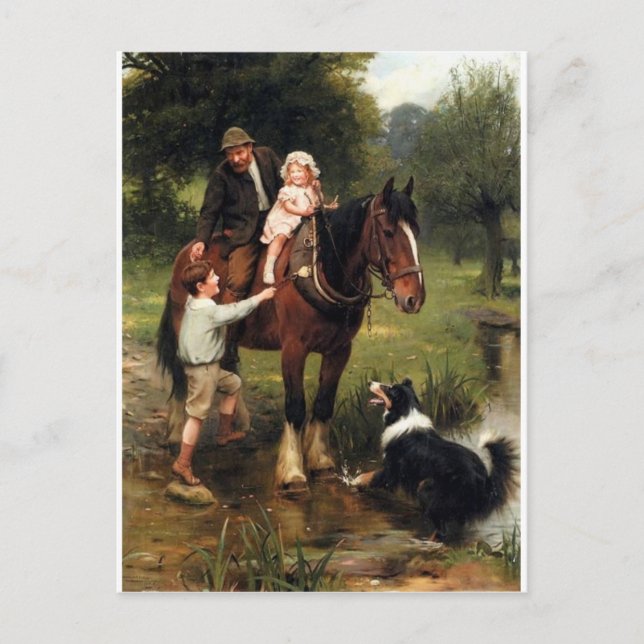 family children collie dog horse boy girl postcard (Front)