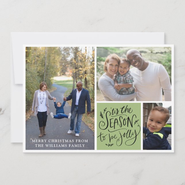 Family Christmas 3 Photo Collage Tis The Season Ho Holiday Card (Front)