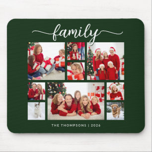 Family Christmas 9 Photo Collage Forest Green Mouse Mat