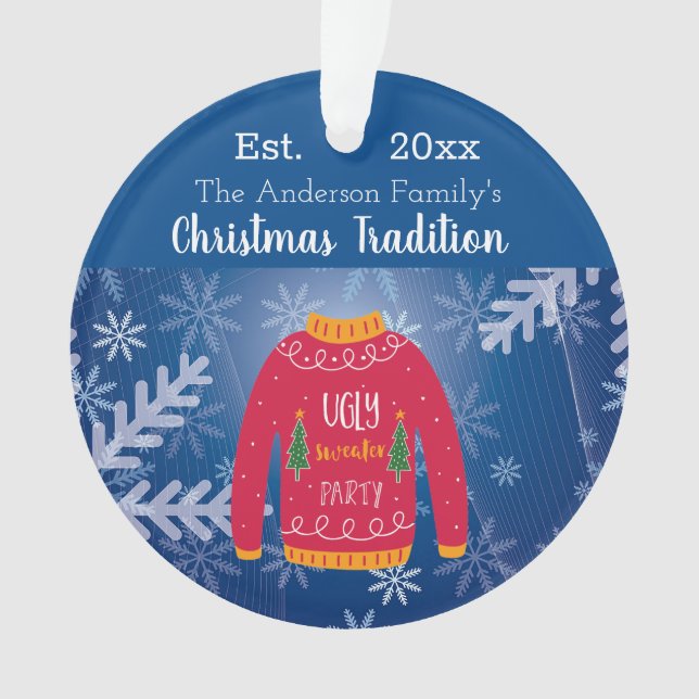 Family Christmas annual ugly sweater red blue Ornament (Front)