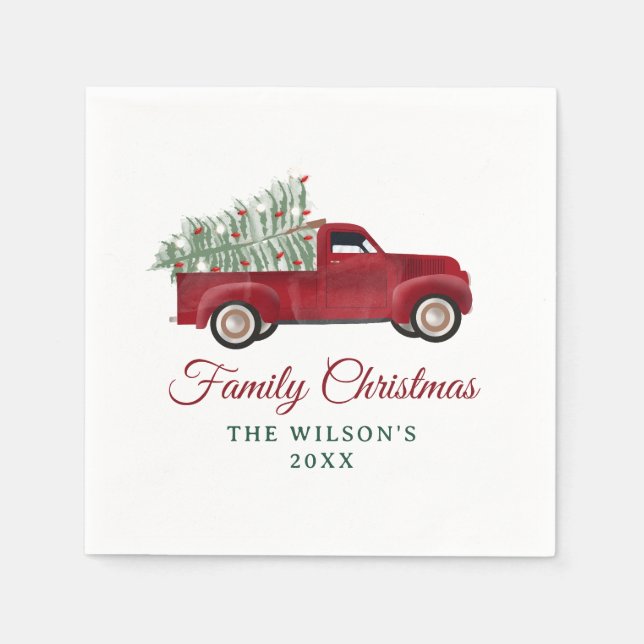 Family Christmas Antique Pickup Truck Xmas Tree Napkin (Front)