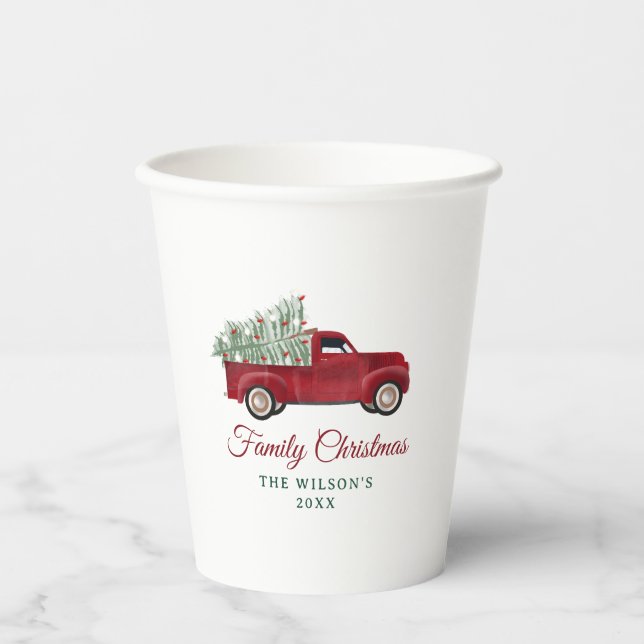 Family Christmas Antique Pickup Truck Xmas Tree Paper Cups (Front)