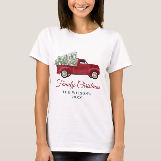 Family Christmas Antique Pickup Truck Xmas Tree T-Shirt (Front)