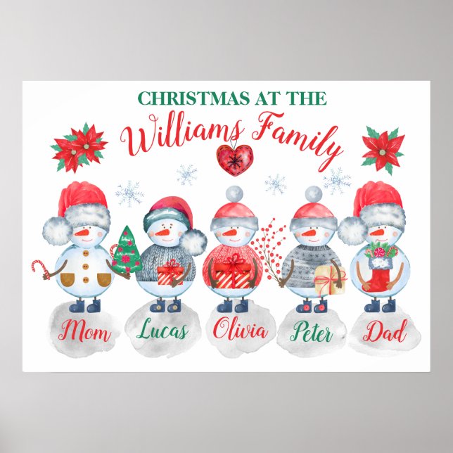 Family Christmas art Watercolor snowmen Poster (Front)