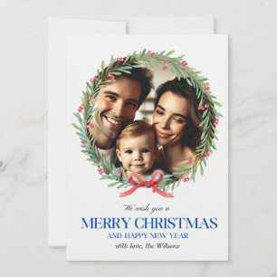 Family Christmas Card with Wreath and Photo Design