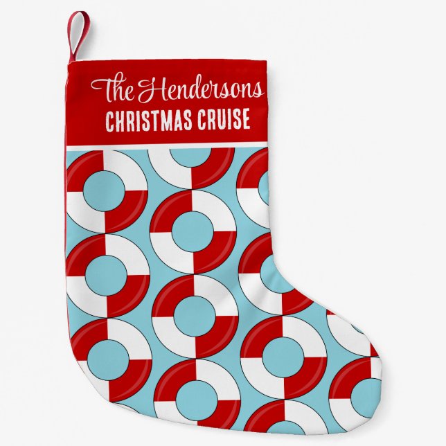 Family Christmas Cruise Lifebelts Patterned Small Christmas Stocking (Front)