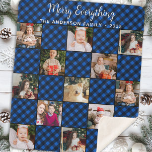 Family Christmas Custom Blue Plaid Photo Collage Sherpa Blanket