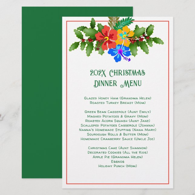 Family Christmas Dinner Hibiscus Menu Template (Front/Back)