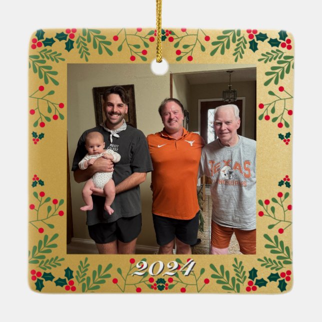Family Christmas Double Photo Gold and Holly Frame Ceramic Ornament (Back)