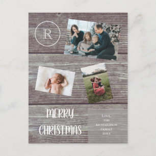Family Christmas Faux Dark Wood Photo Monogram Postcard