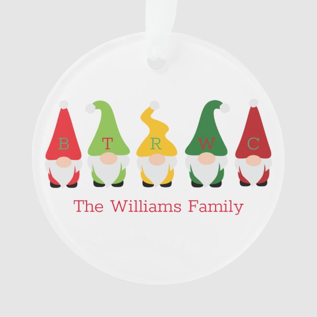 Family Christmas Gnomes Red Green Name Festive Fun Ornament (Front)