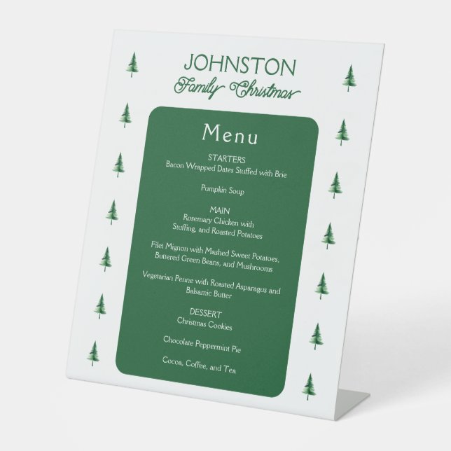 Family Christmas Green Watercolor Pine Tree Menu Pedestal Sign (Front)