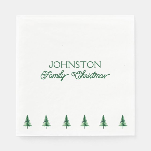 Family Christmas Green Watercolor Pine Tree  Napkin (Front)