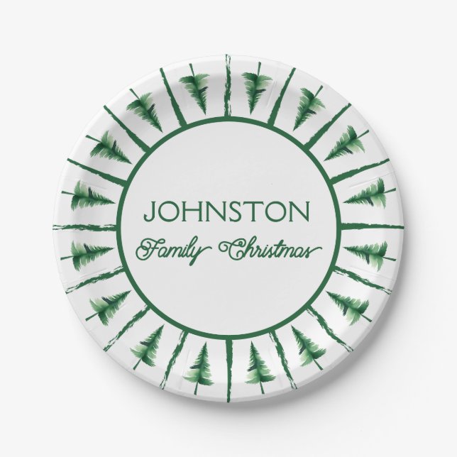 Family Christmas Green Watercolor Pine Tree Paper Plate (Front)