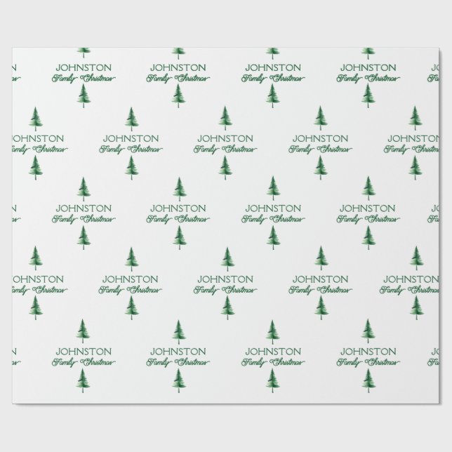 Family Christmas Green Watercolor Pine Tree Wrapping Paper (Flat)