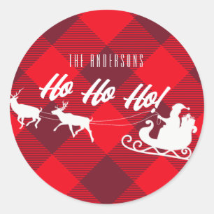 Family Christmas Ho Ho Ho! Santa Red Buffalo Plaid Classic Round Sticker