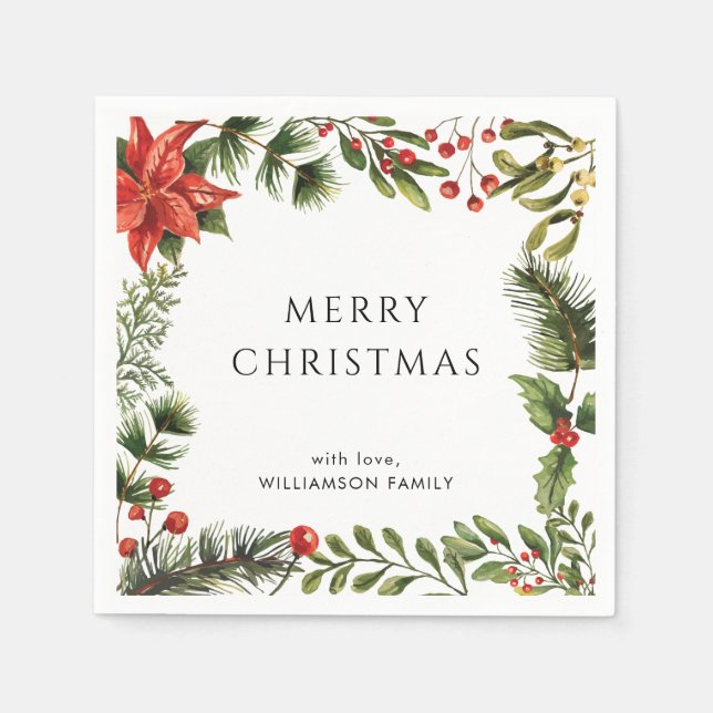 Family Christmas Holidays Botanical Elegant Paper Napkin (Front)