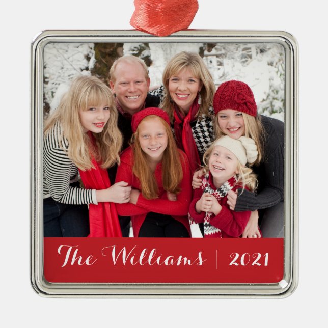 Family Christmas Keepsake | Custom Photo and Text Metal Tree Decoration (Front)