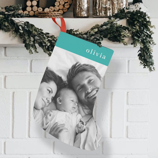 Family Christmas | Modern Turquoise Teal Photo Small Christmas Stocking (Creator Uploaded)