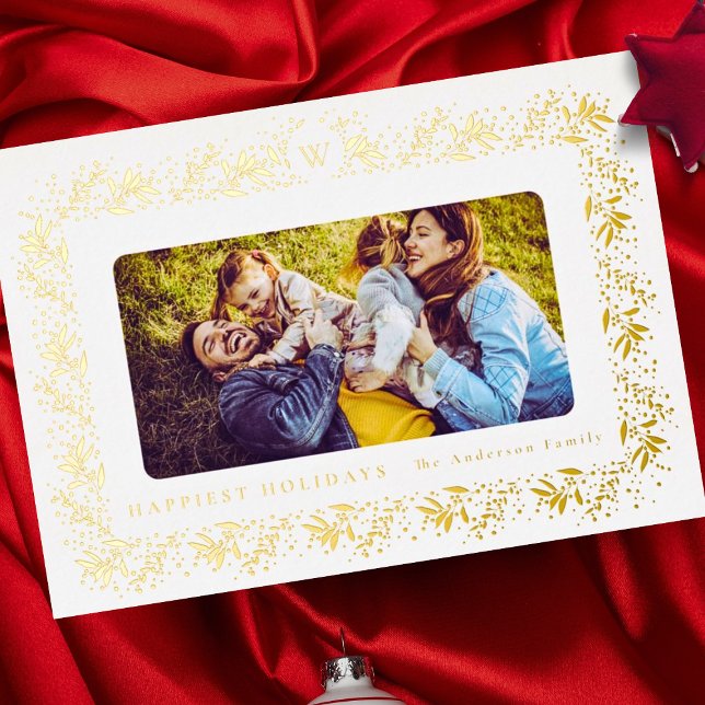 family CHRISTMAS monogram gold Botanicals Frame Foil Holiday Card (Creator Uploaded)