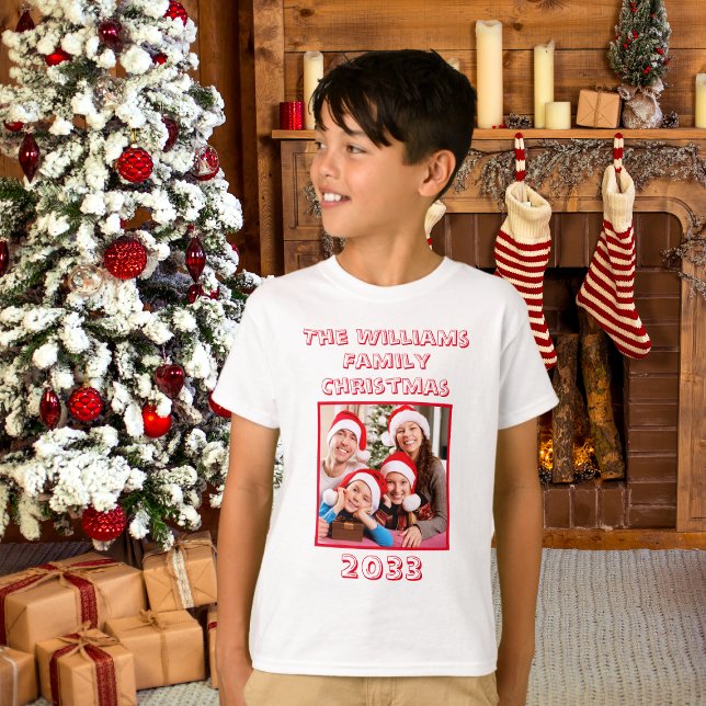 Family Christmas Name And Photo Son White  T-Shirt (Boys Christmas T-Shirt)