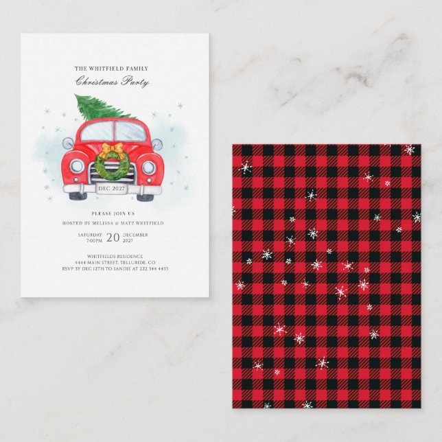 Family Christmas Party Classic Red Car with Tree Card (Front/Back)