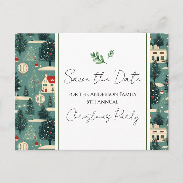 Family Christmas Party Retro Village Save the Date Postcard (Front)