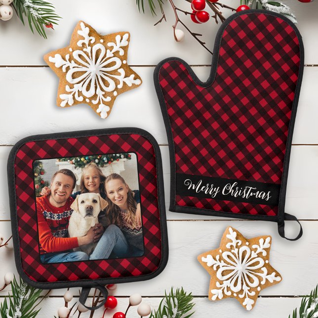 Family Christmas Personalised Red Plaid Photo  Oven Mitt & Pot Holder Set (Creator Uploaded)