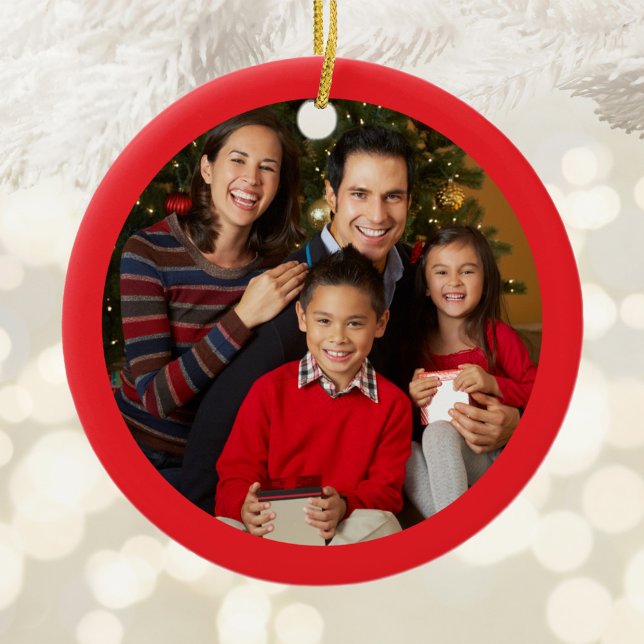 Family Christmas Photo Bright Red Border Ceramic Tree Decoration (Family Christmas Photo Bright Red Border Ceramic Ornament)