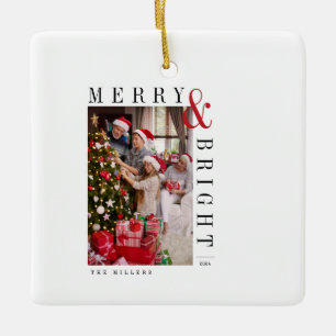 Family Christmas Photo Card Modern Script Holiday  Ceramic Ornament