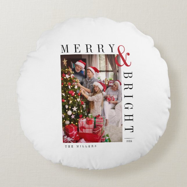 Family Christmas Photo Card Modern Script Holiday  Round Cushion (Front)