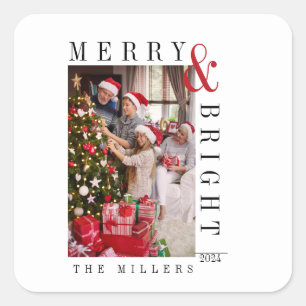 Family Christmas Photo Card Modern Script Holiday Square Sticker