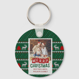 Family Christmas Photo Card with Knitted Sweater Key Ring