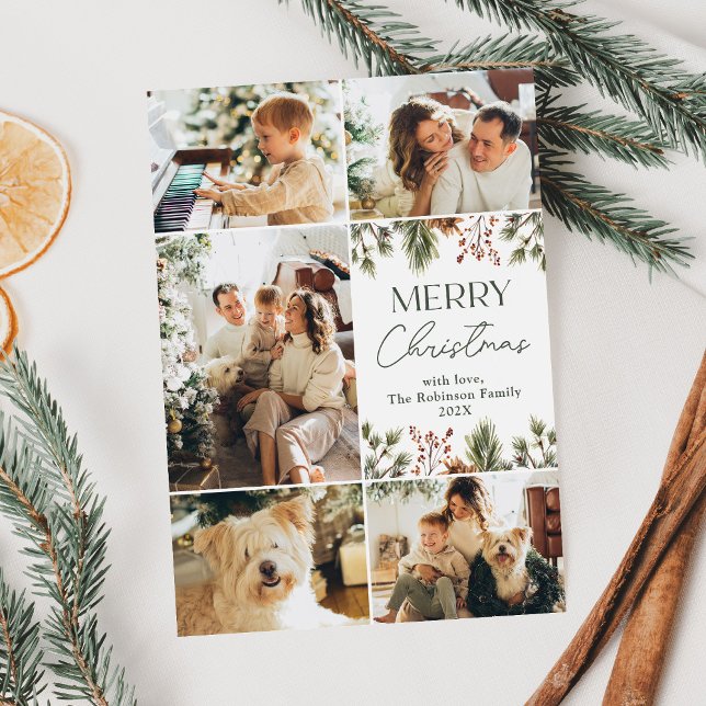 Family Christmas Photo Collage Green  Holiday Card (Creator Uploaded)