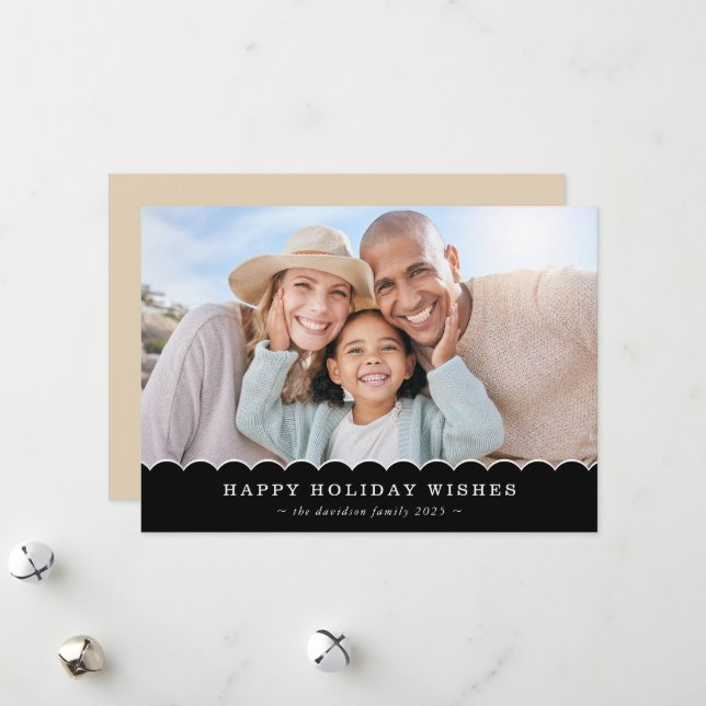 FAMILY CHRISTMAS PHOTO cute fun scallop black gold Holiday Card (Front/Back In Situ)