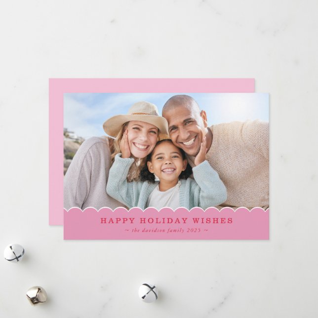 FAMILY CHRISTMAS PHOTO cute fun scallop pink red Holiday Card (Front/Back In Situ)
