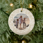 Family Christmas Photo Ivory Ceramic Ornament<br><div class="desc">Your favourite photo on white leaves, berries and dots on ANY COLOR background (we show ivory), this personalised Christmas ornament makes a memorable gift for family and friends or create for yourself - great party favours, too! TIP: Upload a high resolution, photo cropped to square shape. MORE colours and designs...</div>