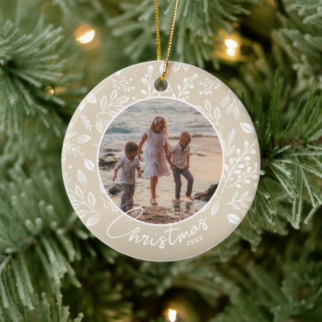 Family Christmas Photo Ivory Ceramic Ornament (Tree)