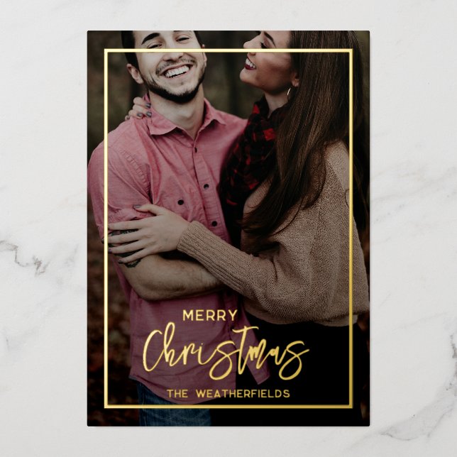Family Christmas Photos Script Gold Foil Holiday Card (Front)
