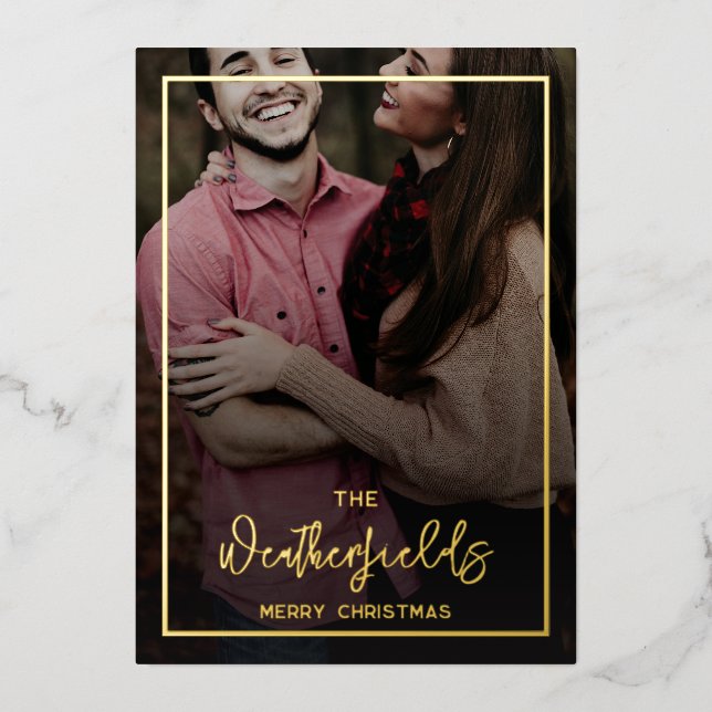 Family Christmas Photos Script Gold Foil Holiday Card (Front)