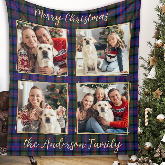 Family Christmas Plaid Custom 4 Gold Photo Collage Fleece Blanket (Creator Uploaded)