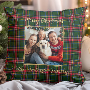 Family Christmas Plaid Custom Gold Modern Photo Cushion
